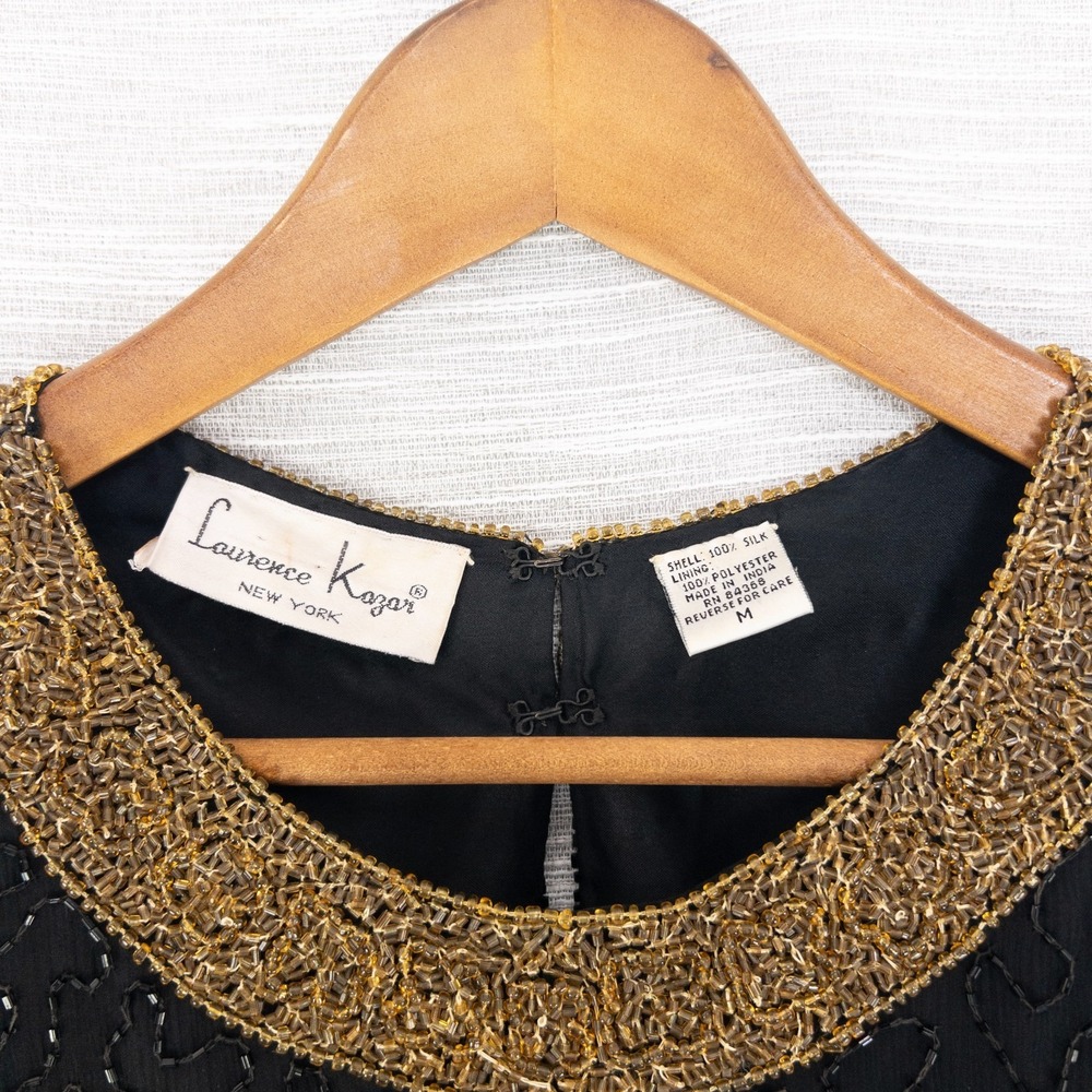 Vintage Laurence Kazar Beaded Top Women's Medium 100% Silk Black Gold Formal 80s - Picture 3 of 16